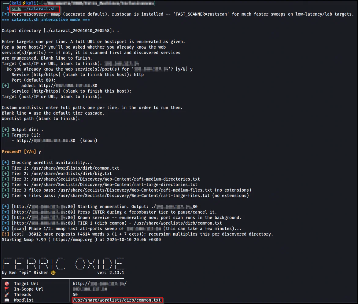 Cataract interactive mode starting feroxbuster and a background nmap scan