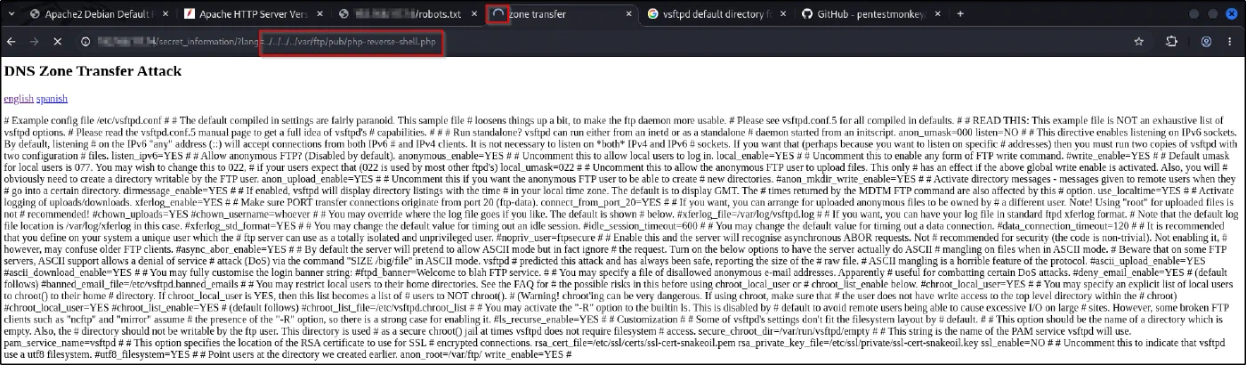 The LFI reading /etc/vsftpd.conf, showing anon_root=/var/ftp and write_enable=YES