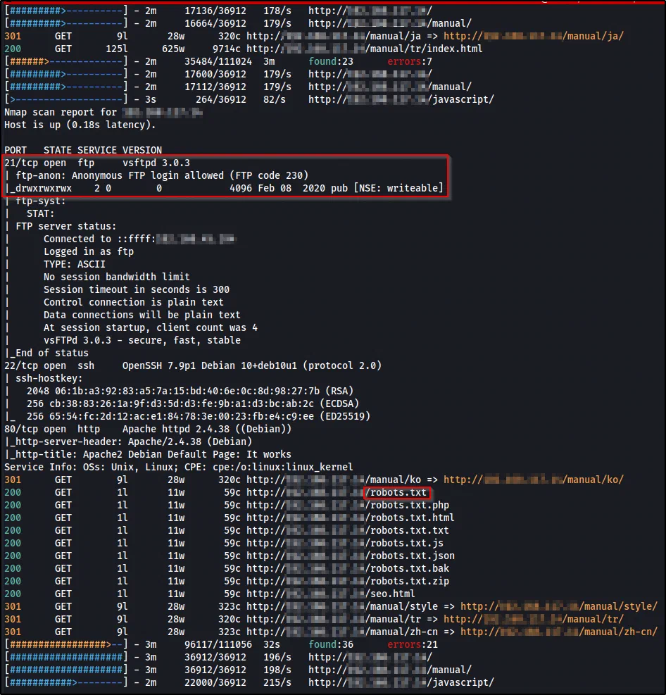 nmap results showing vsftpd 3.0.3 with anonymous login, OpenSSH, and Apache 2.4.38