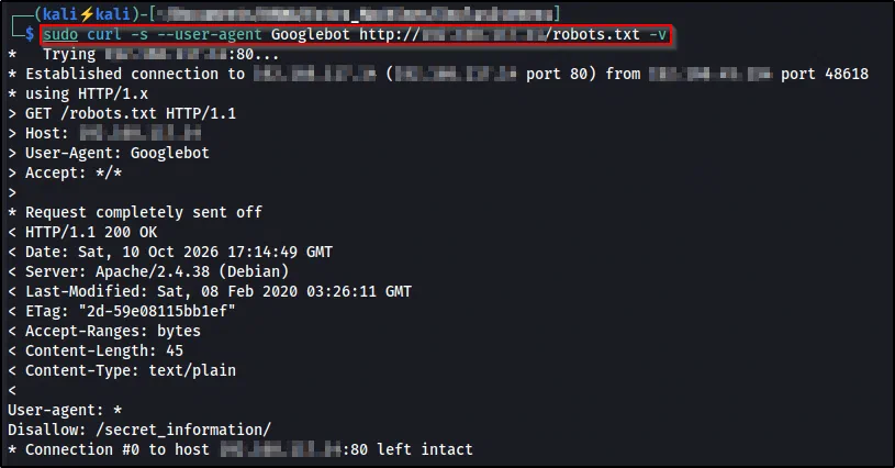 curl with a Googlebot User-Agent returning the real robots.txt disallowing /secret_information/