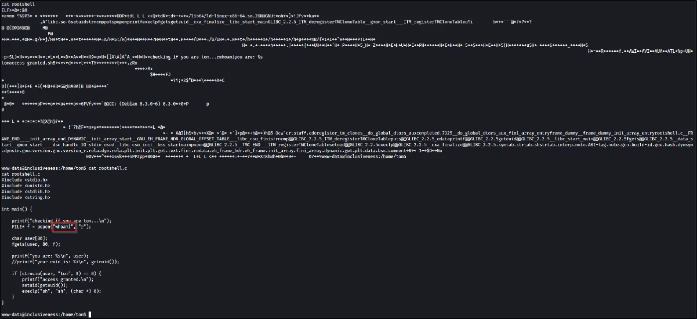 The rootshell.c source calling popen(whoami) by relative name and granting a shell if the output starts with tom