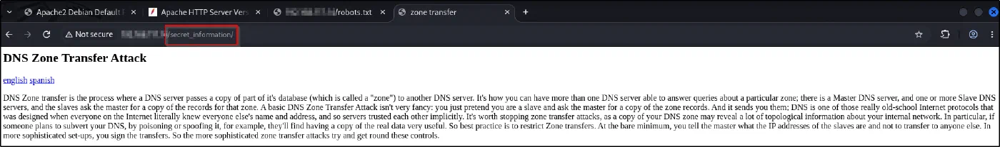 The /secret_information/ page titled DNS Zone Transfer Attack with english and spanish links