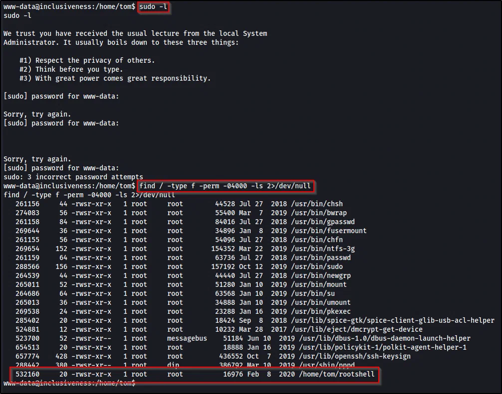 find listing SUID binaries including a custom /home/tom/rootshell