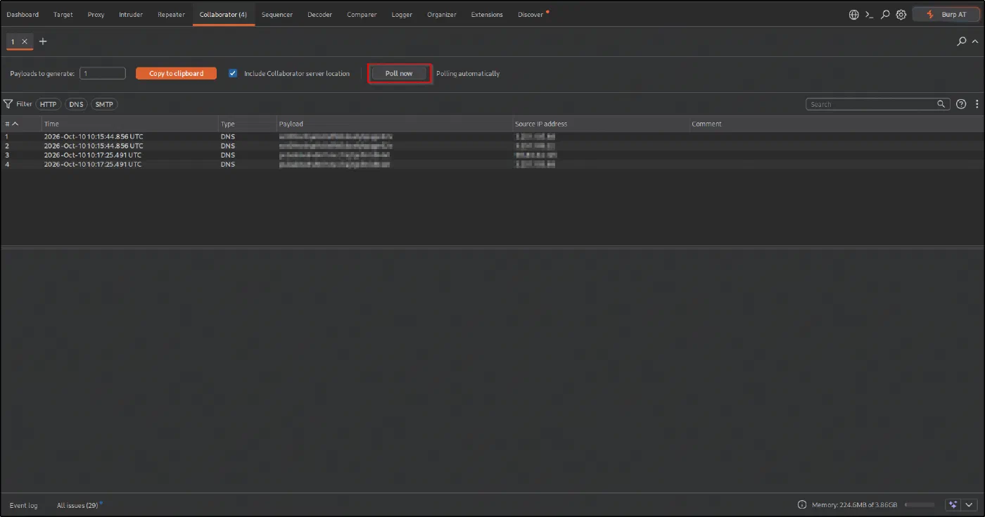 The Collaborator tab after Poll now, listing received DNS interactions from the target