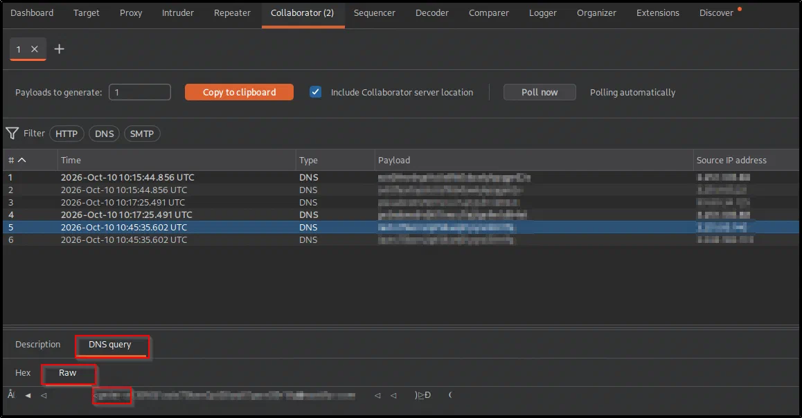 A DNS interaction selected, with the DNS query Raw view showing the exfiltrated username as the first label of the subdomain