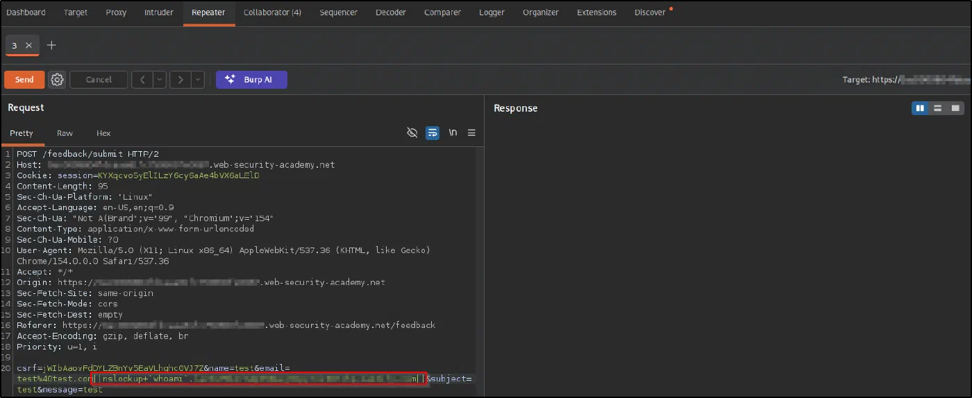 Burp Repeater with the email parameter set to a nslookup payload that embeds whoami in a Collaborator subdomain via backticks