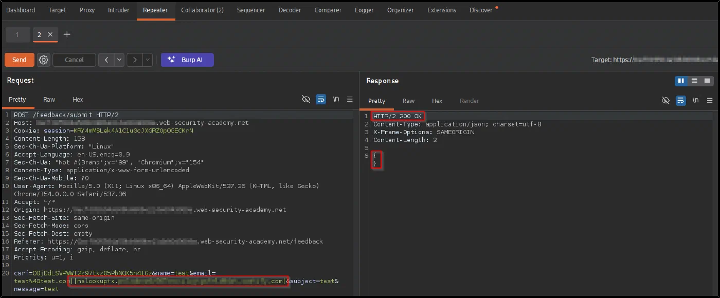Burp Repeater with the email parameter containing nslookup against a real Collaborator subdomain, response an empty JSON, and a Collaborator (2) badge in the toolbar