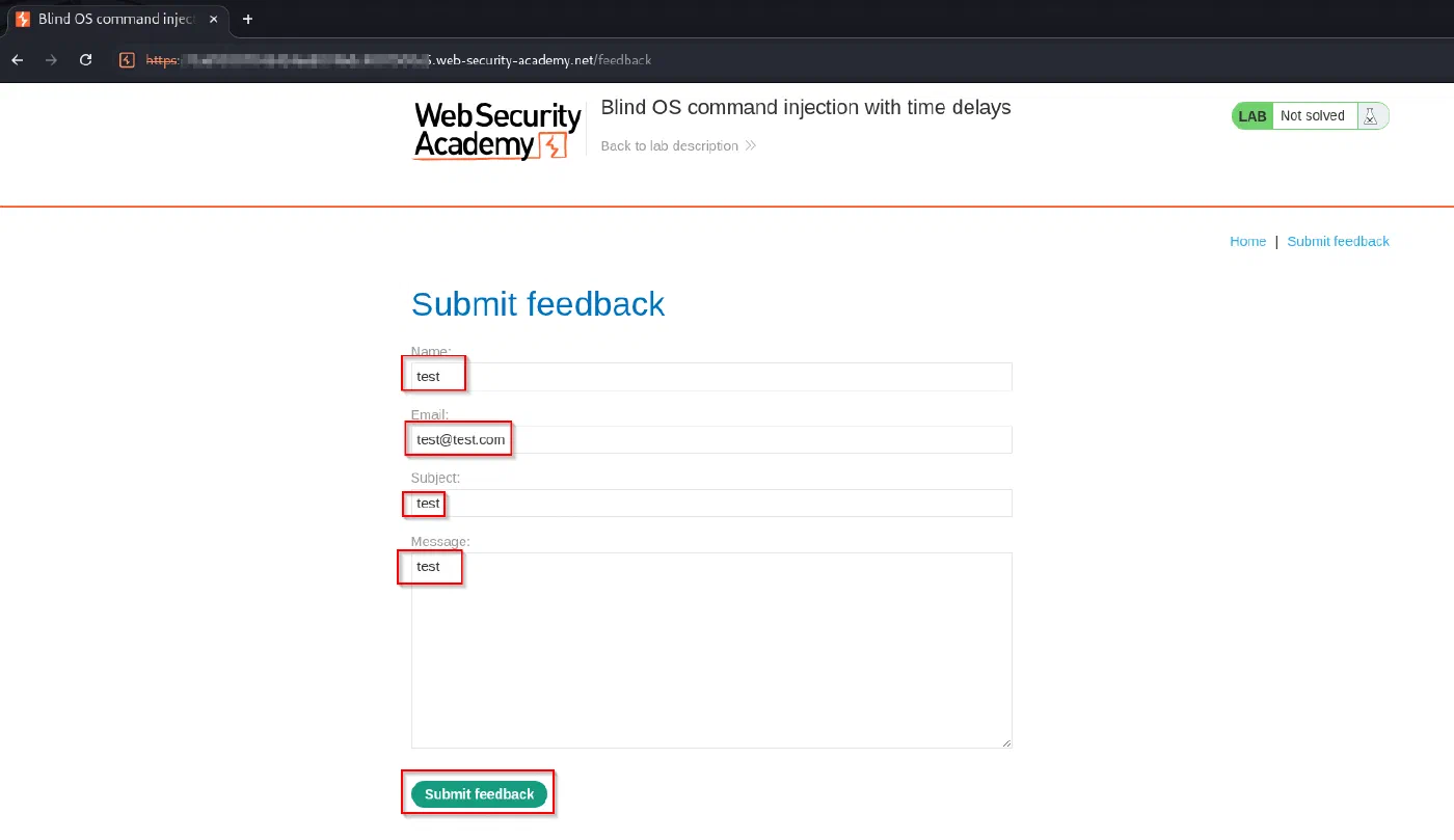 Submitting the feedback form with test values (name, email, subject, message).