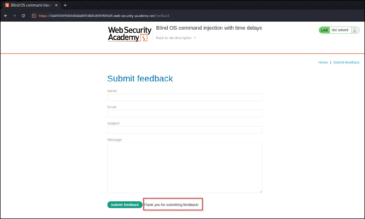 The only response is "Thank you for submitting feedback!". No command output is reflected, which is what makes this blind.