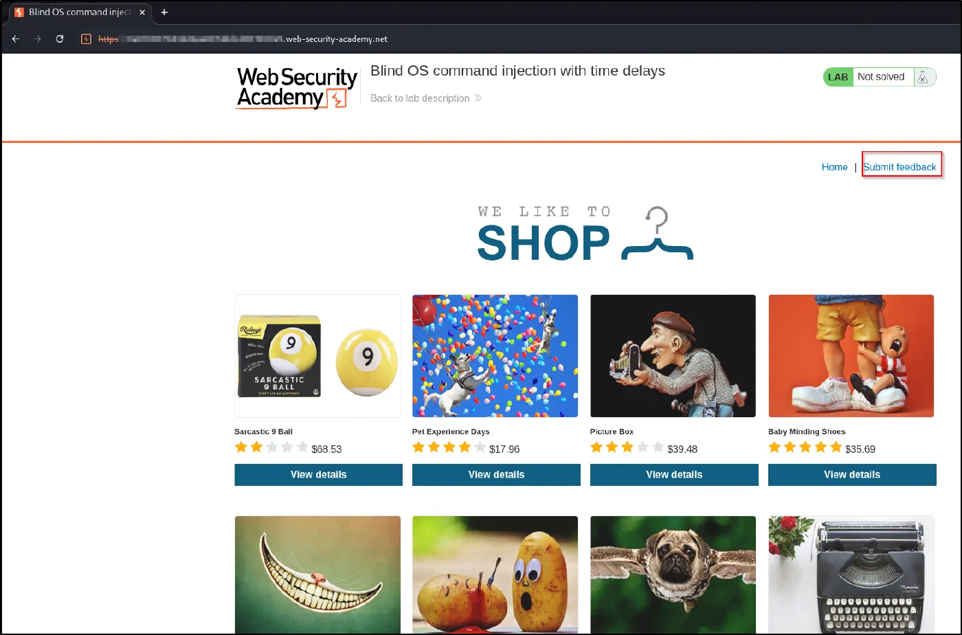 The shop's Submit feedback link leads to the vulnerable form.