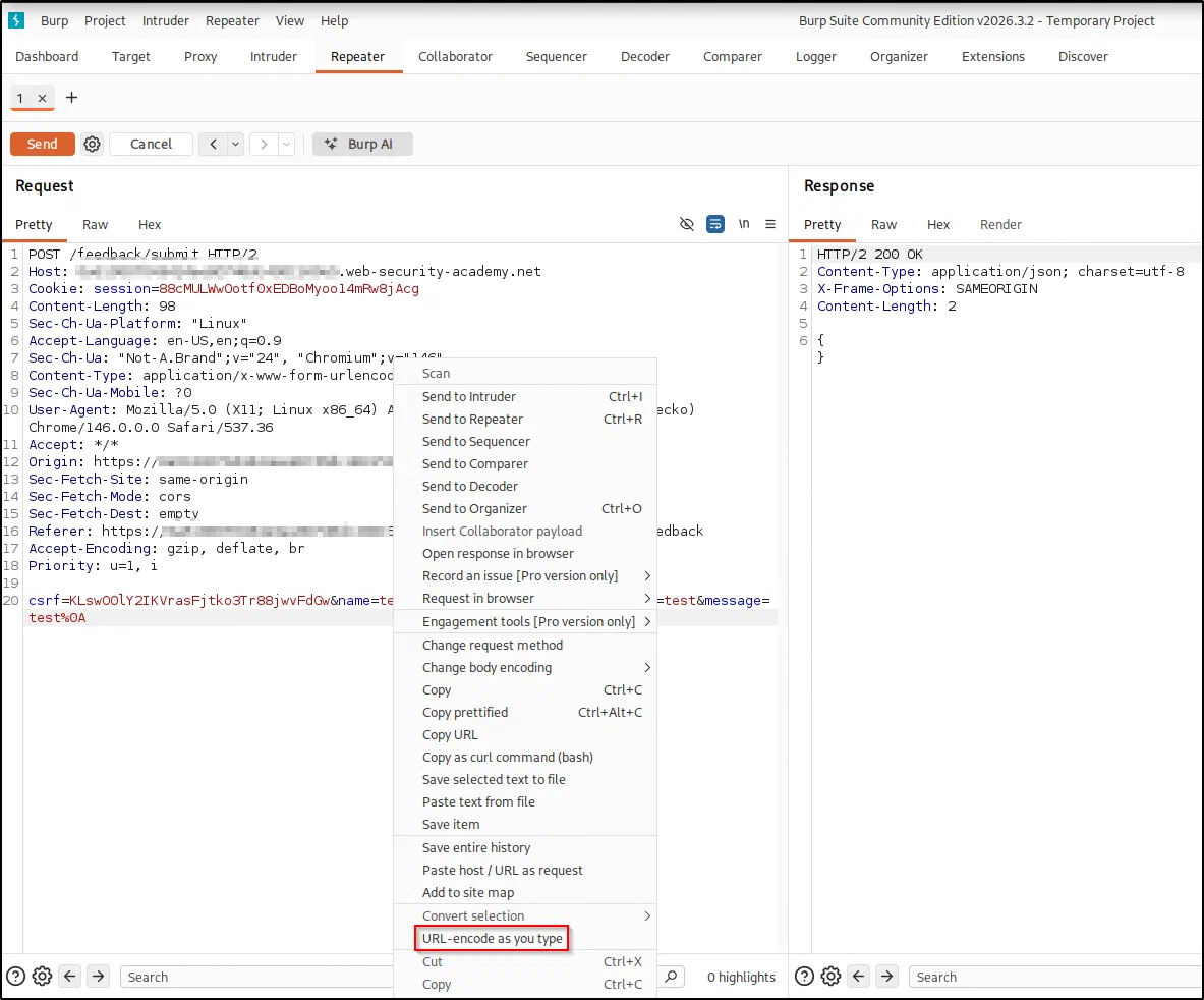 Enable "URL-encode as you type" so payload characters are encoded correctly.