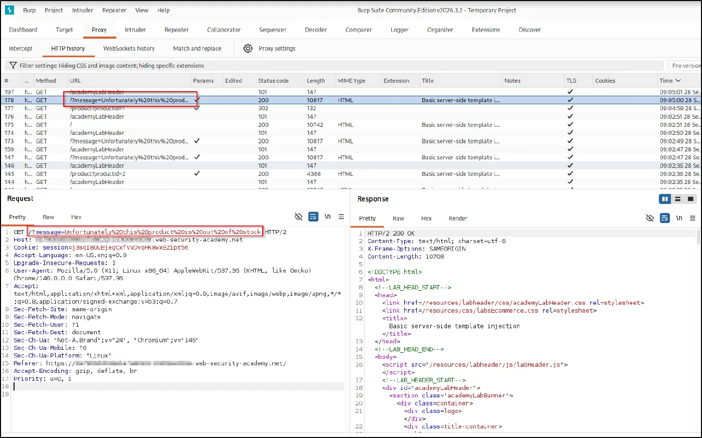 The GET request carrying the message parameter in Burp's HTTP history.