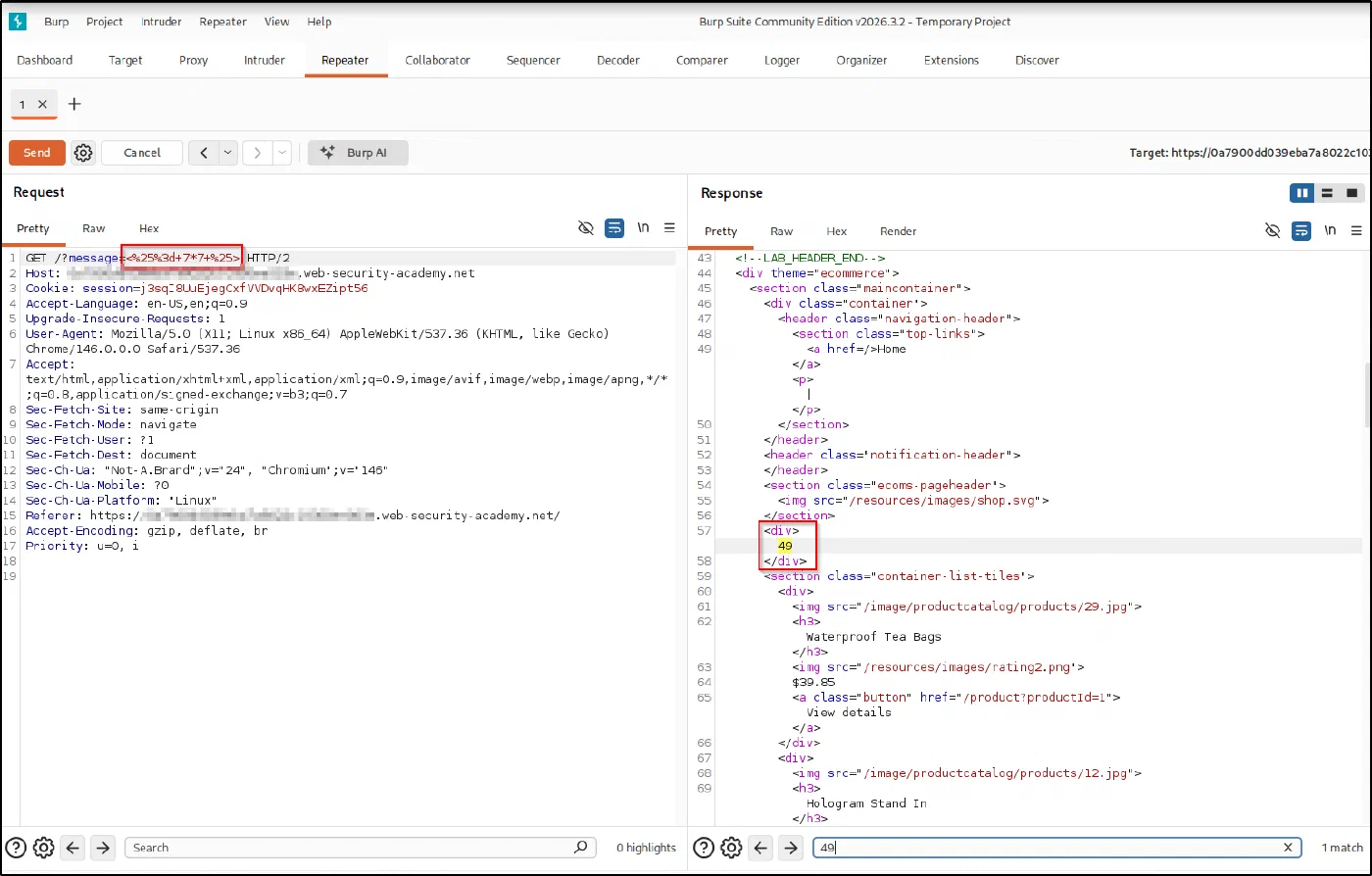 Injecting <%= 7*7 %> returns 49, confirming server-side evaluation with ERB (Ruby).