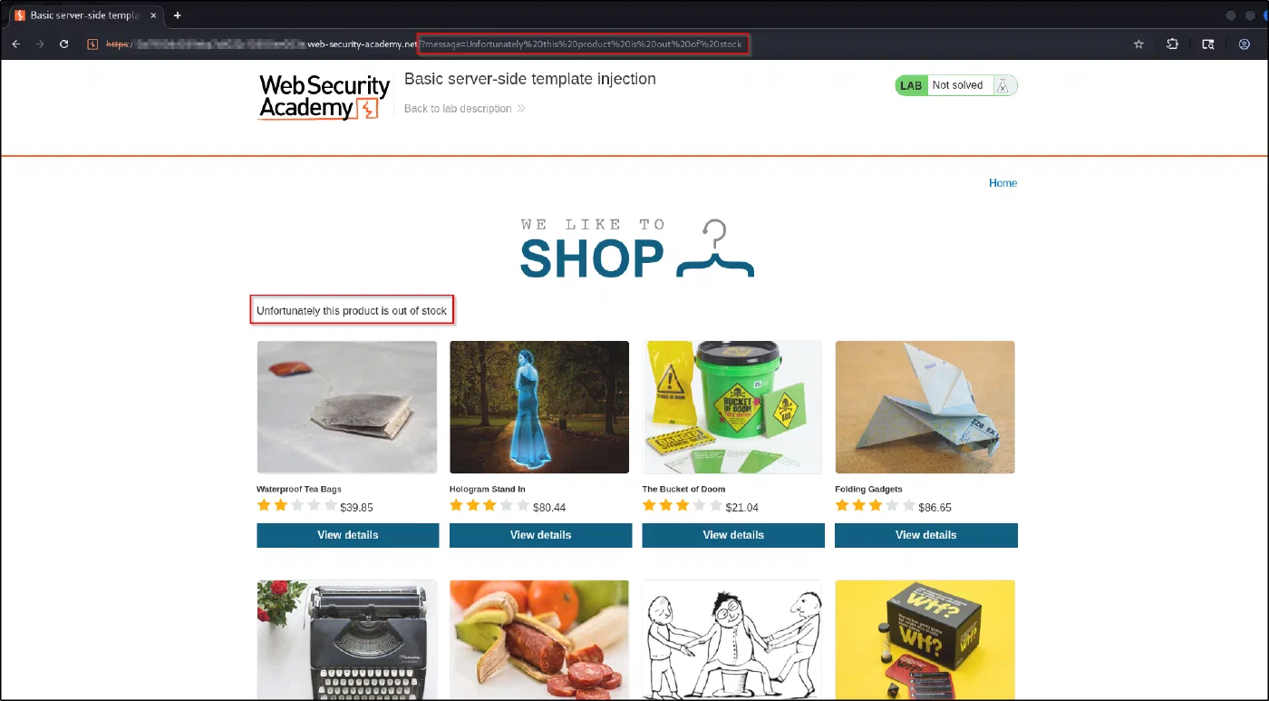 The out-of-stock text is reflected via ?message=..., a candidate injection point.