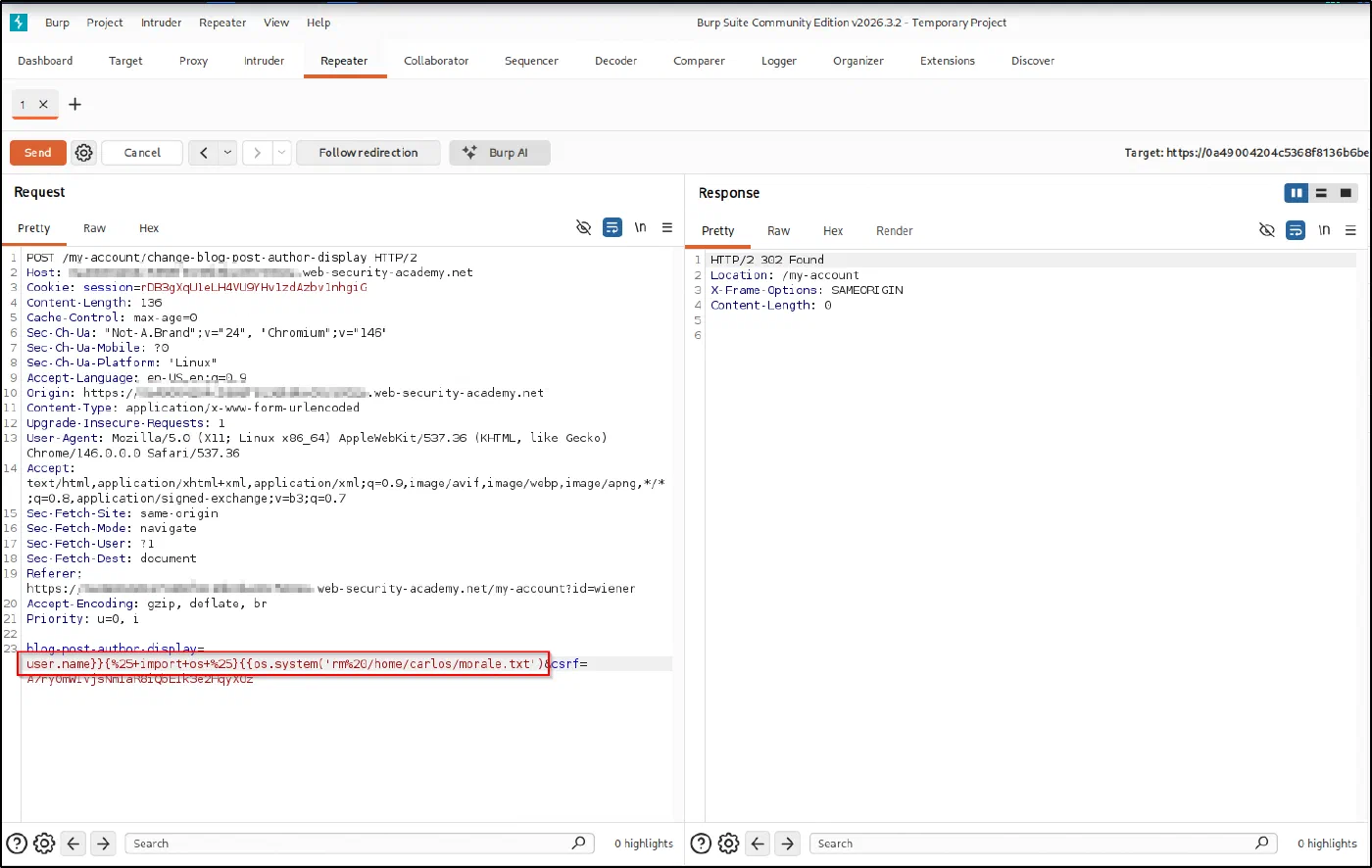 The exploit payload: break out, import os, and call os.system to delete the target file.