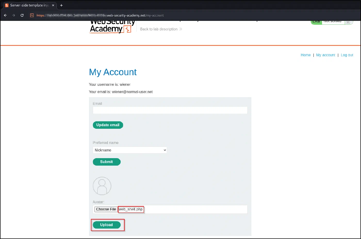 Uploading a non-image file (web_shell.php) as the avatar