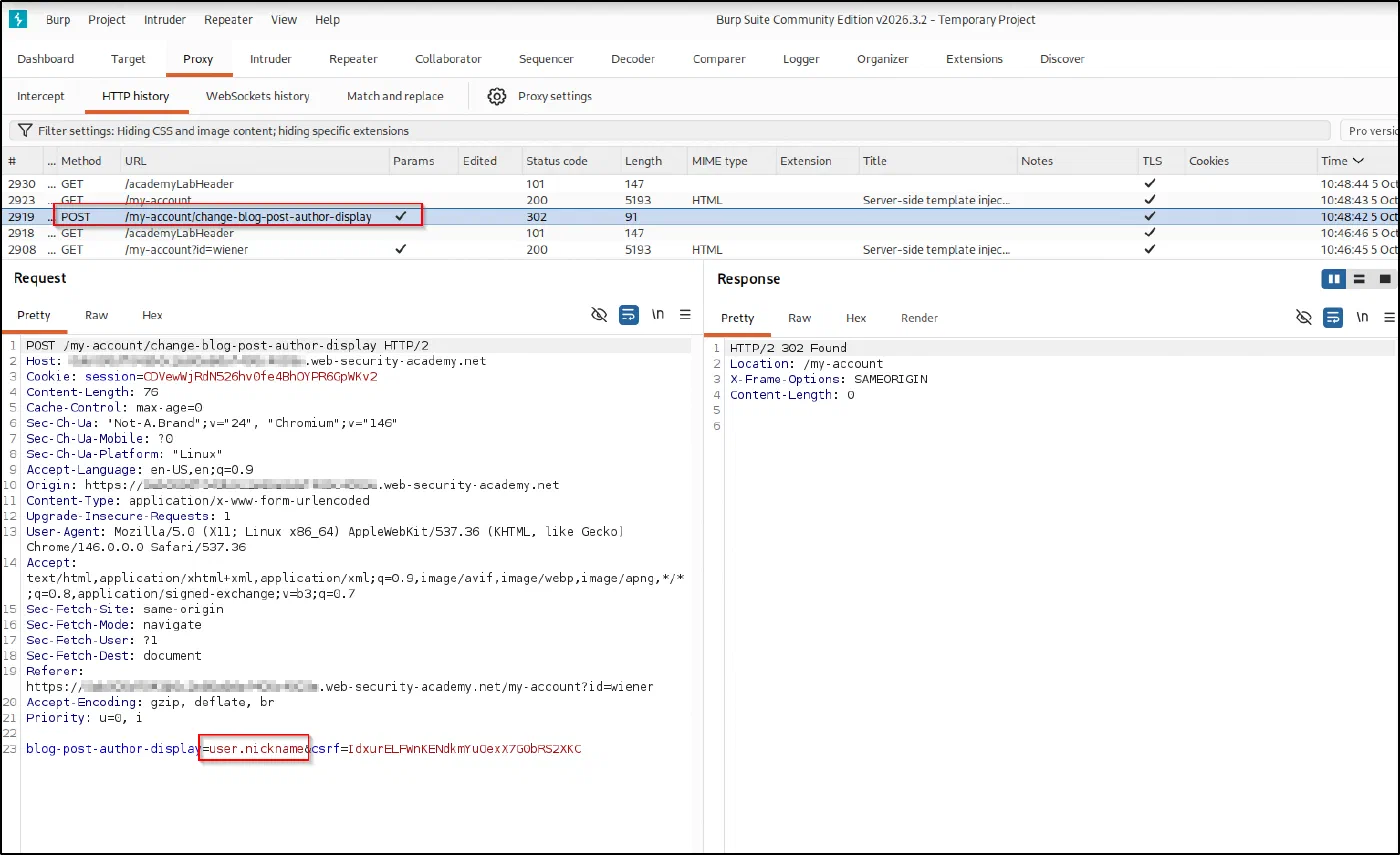 Burp showing blog-post-author-display=user.nickname