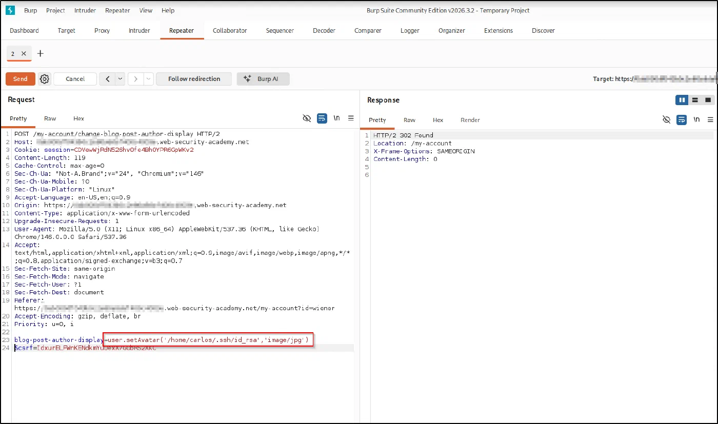Injecting user.setAvatar for /home/carlos/.ssh/id_rsa