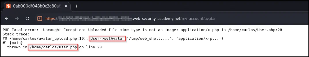 PHP fatal error revealing /home/carlos/User.php and User->setAvatar(path, mimeType)