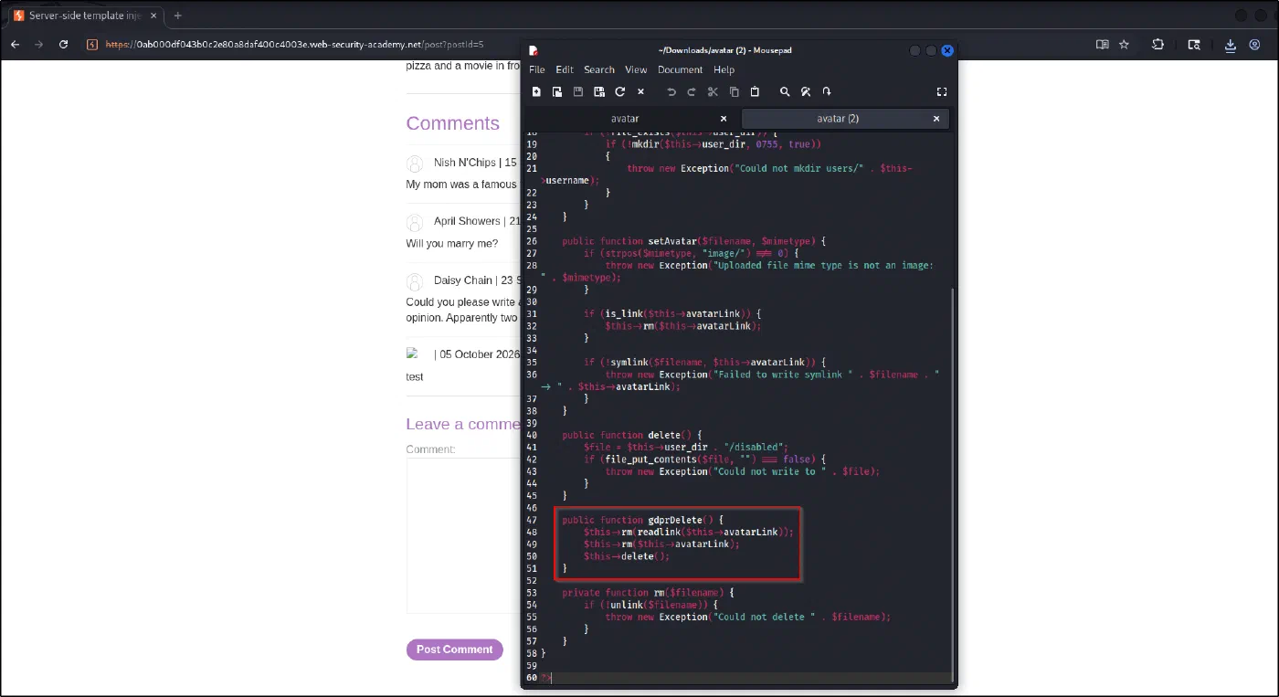 User.php source showing gdprDelete deleting the avatar symlink target