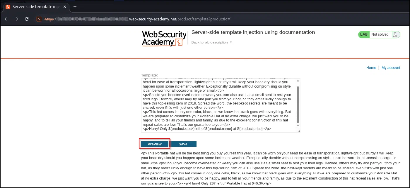 The editable template uses ${...} expressions, our injection surface.