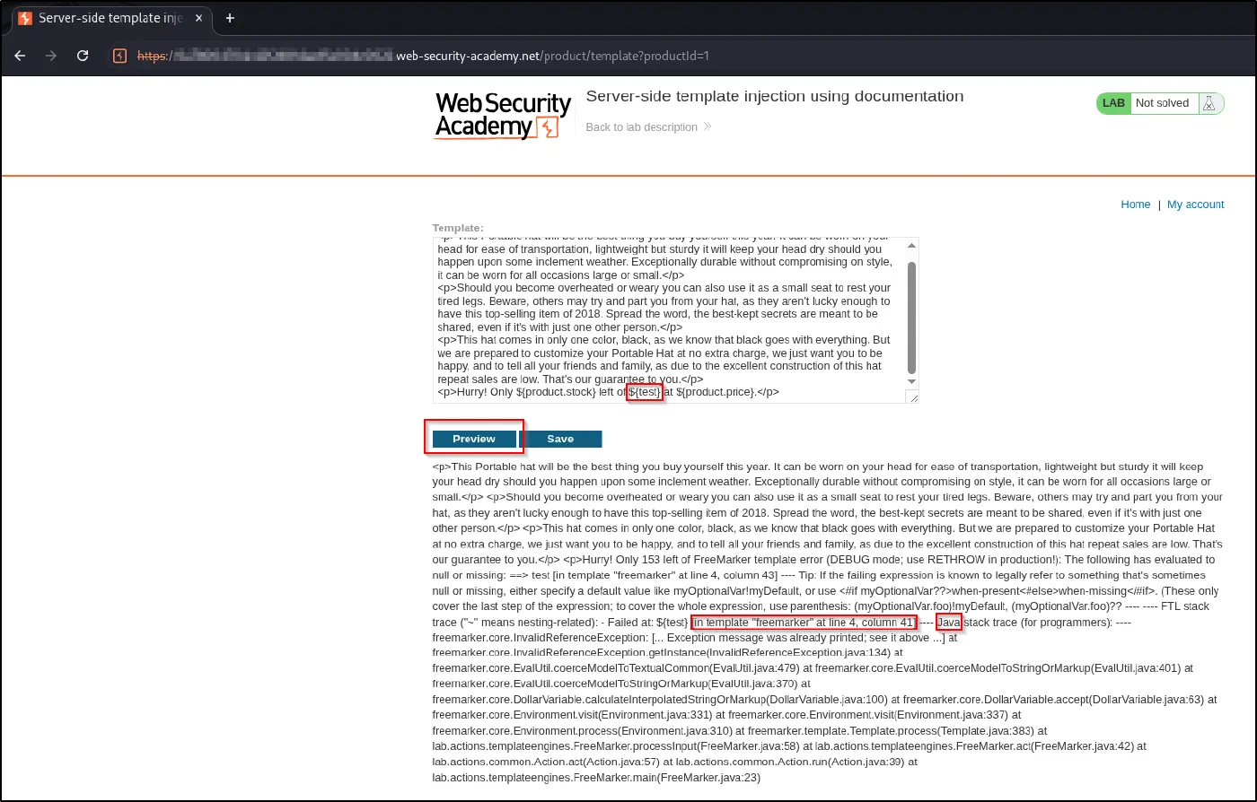 Referencing an undefined variable triggers a verbose stack trace: FreeMarker, backed by Java.