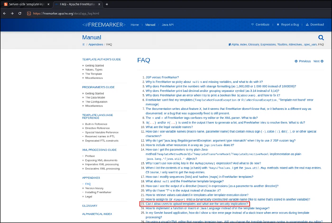 FreeMarker's own FAQ: 'Can I allow users to upload templates and what are the security implications?'
