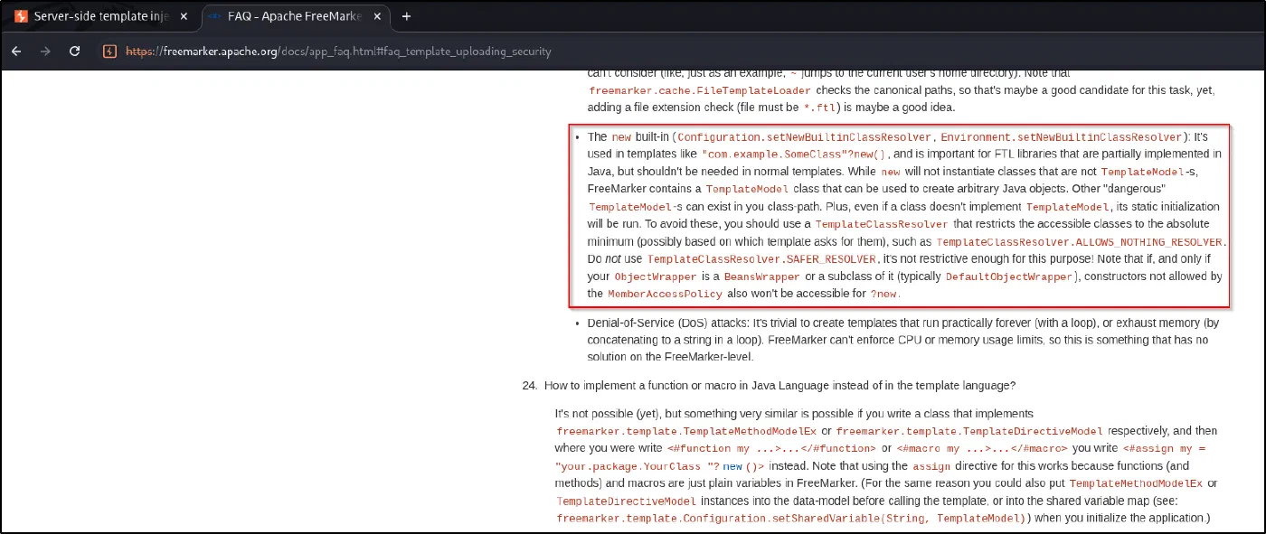 The ?new() built-in can instantiate classes; a dangerous TemplateModel is all we need.