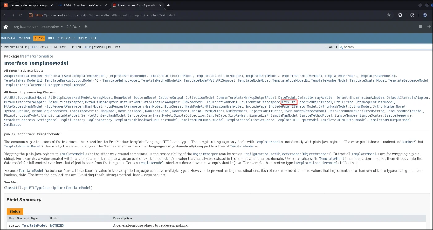 Among TemplateModel's implementing classes is Execute.