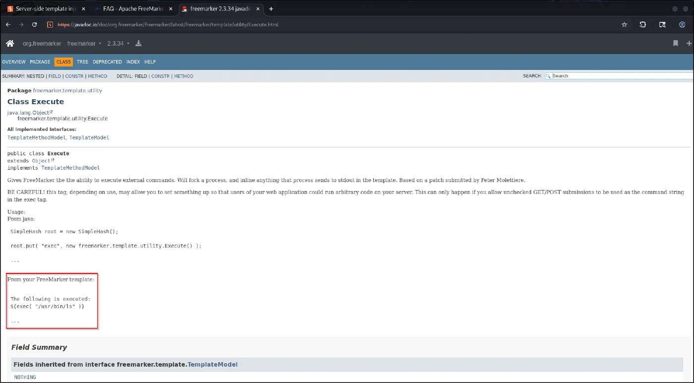 freemarker.template.utility.Execute runs external commands; the doc even shows the template usage.