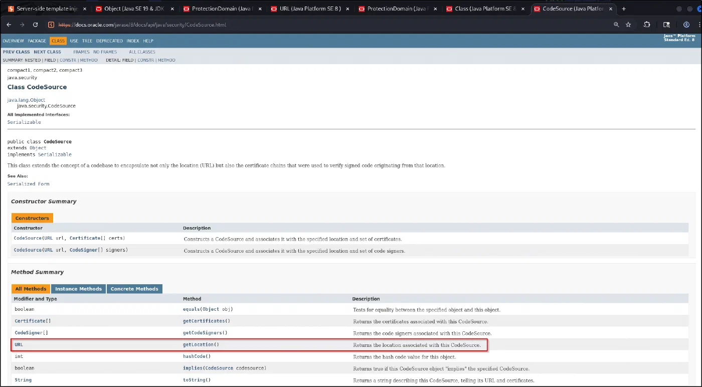 The CodeSource class with getLocation highlighted