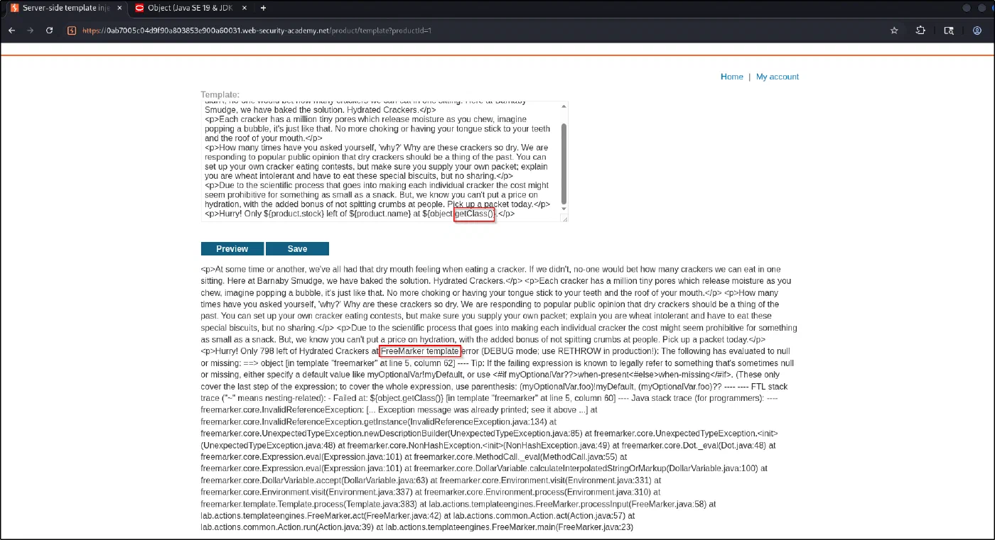 A FreeMarker stack trace shown after a bad reference