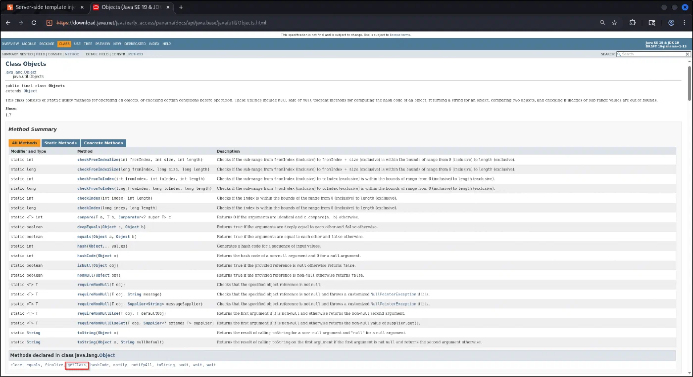 The Object class methods, with getClass highlighted