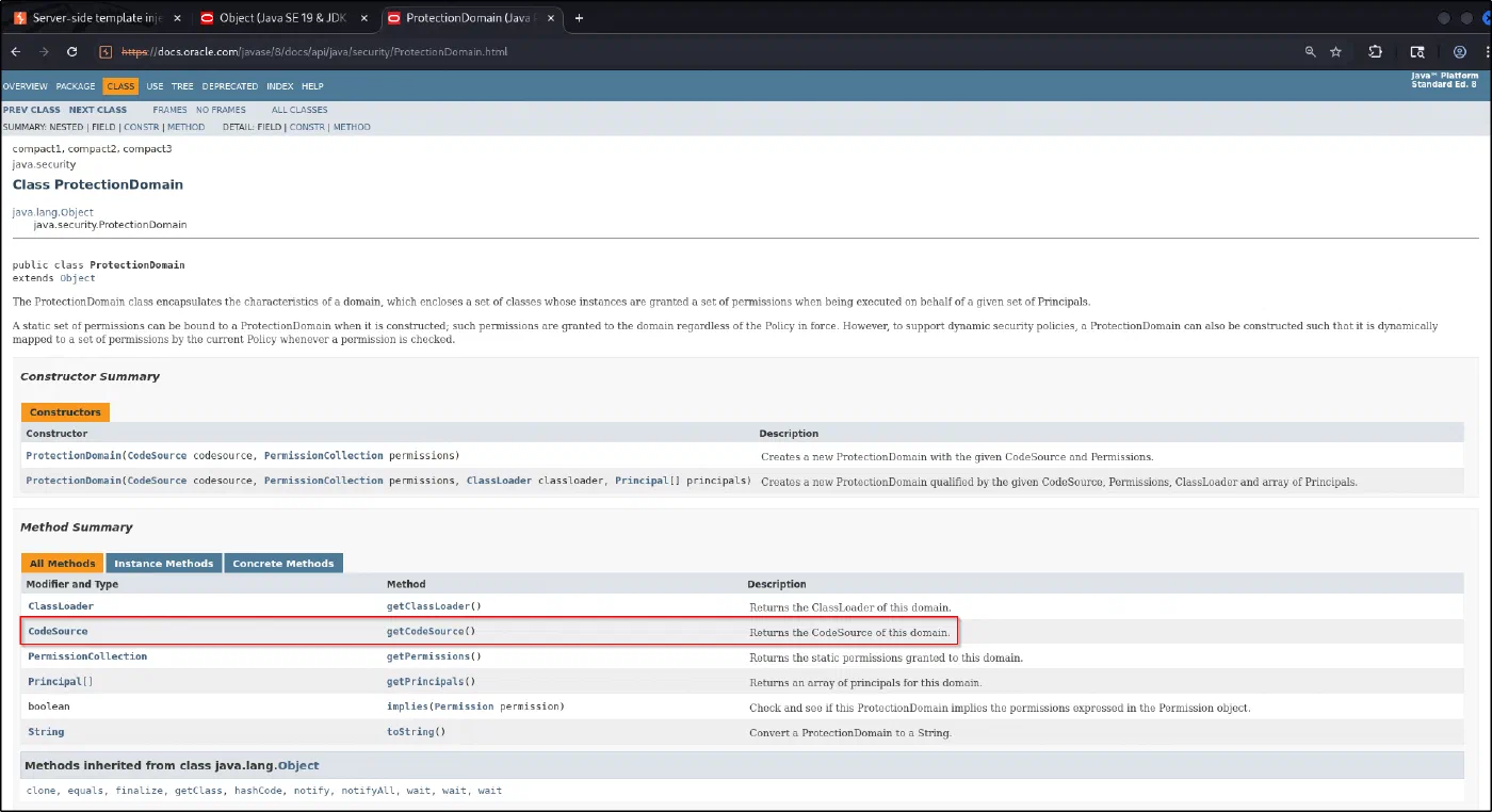 The ProtectionDomain class with getCodeSource highlighted