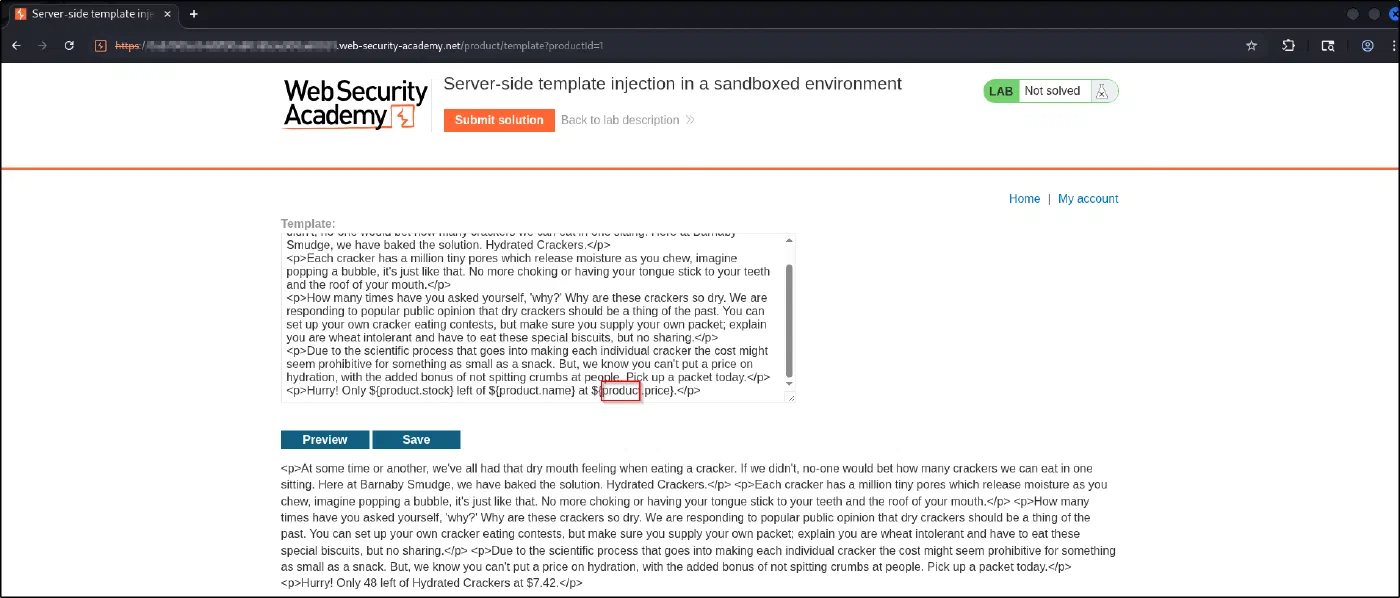 The product template editor using ${product.stock}, ${product.name} and ${product.price}