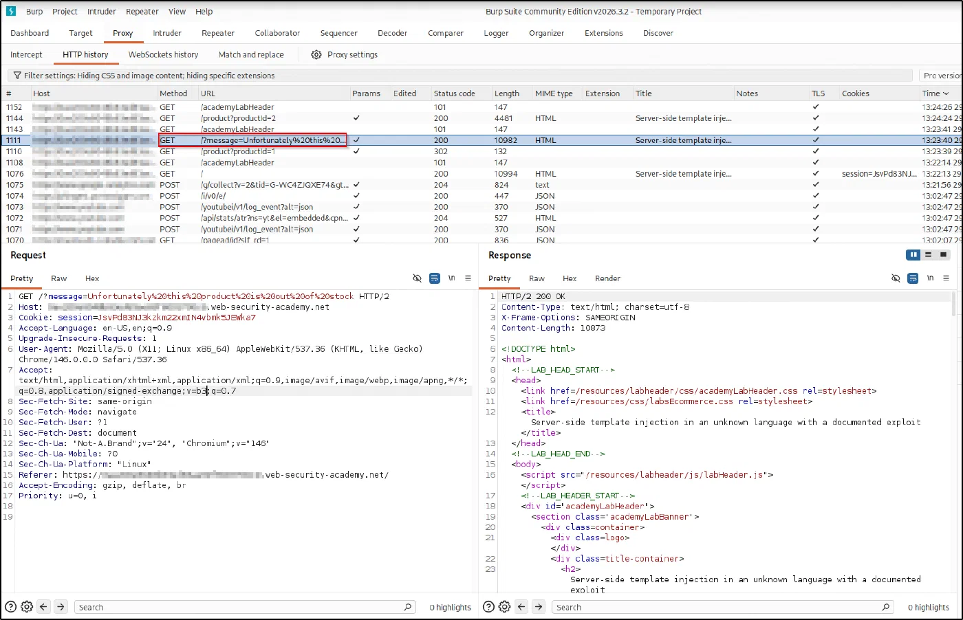 The GET /?message=... request in Burp's HTTP history.
