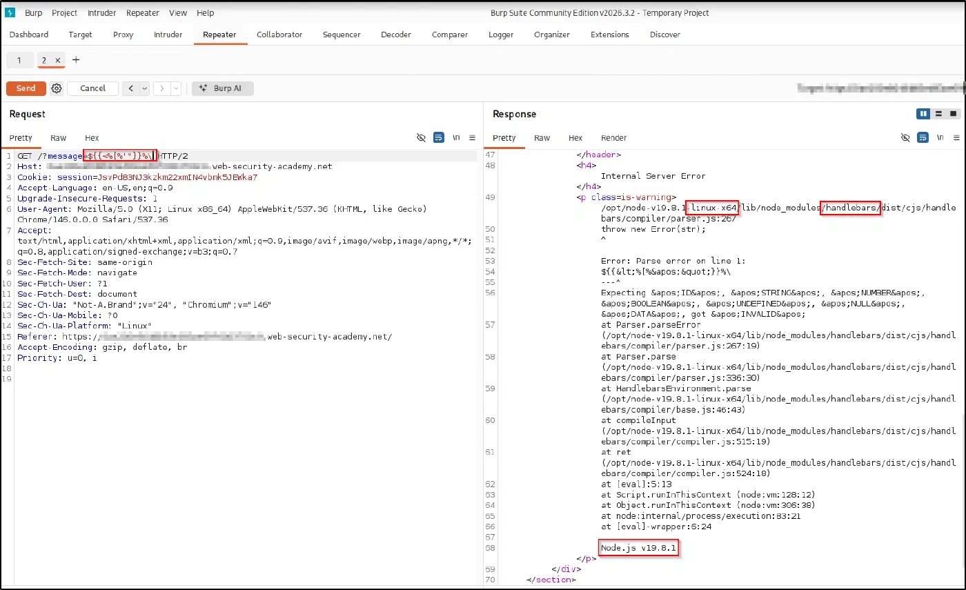 The invalid syntax produces an Internal Server Error and a full Node.js stack trace.