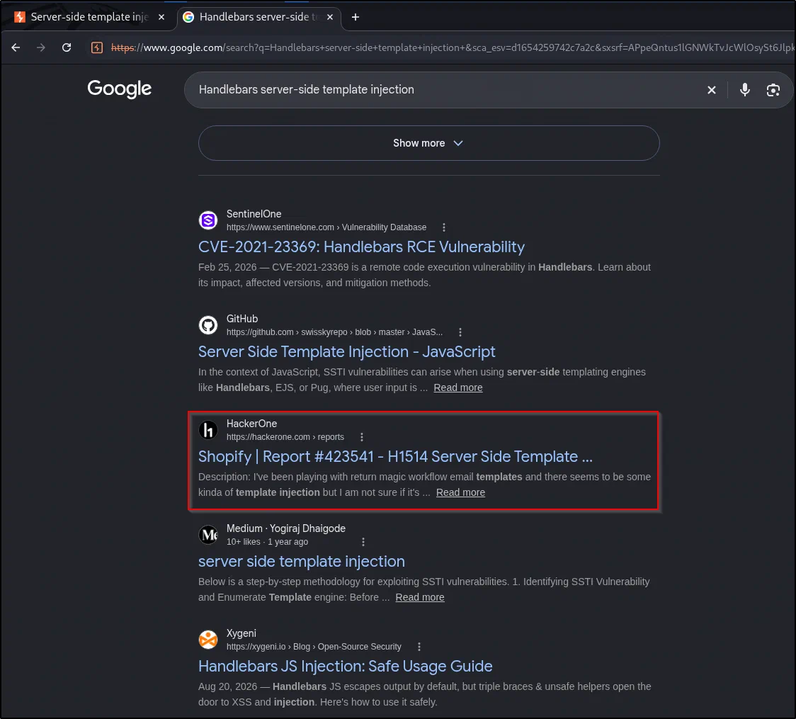 Searching for a documented Handlebars SSTI exploit.